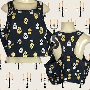 Torrid +5 Black Glitter Gold-Silver Skulls Racerback 4 Way Stretch Sports Bra